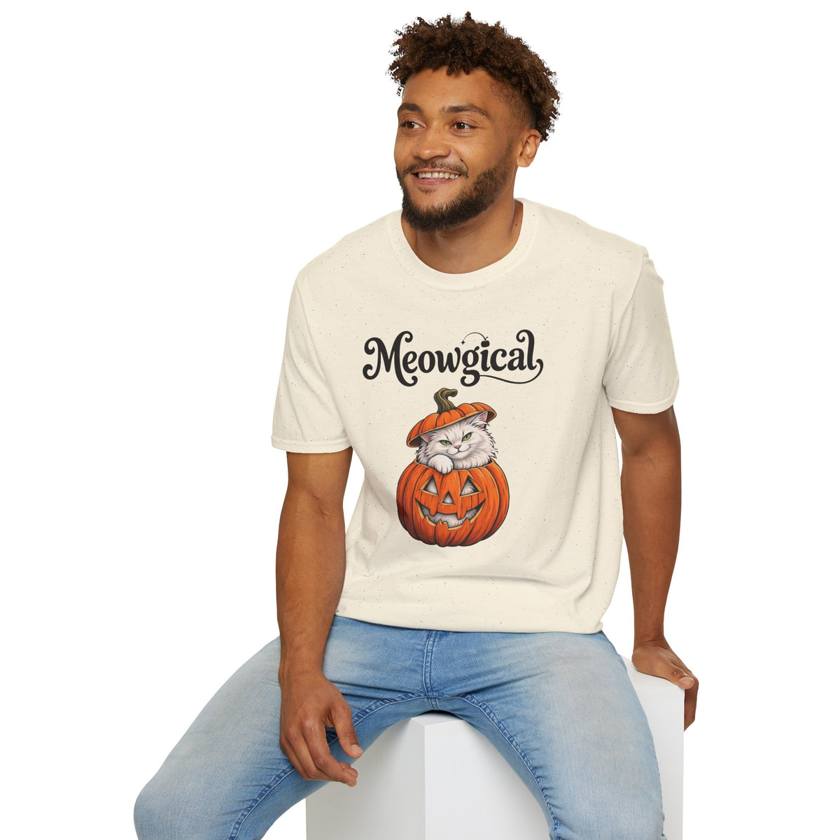 Meowgical Fluffy White Cat - Halloween Jack O'Lantern Pumpkin T-Shirt | White Cat Sitting Inside Pumpkin Halloween Tee | Casual Halloween T Shirt Gift For Her | Shipped USA