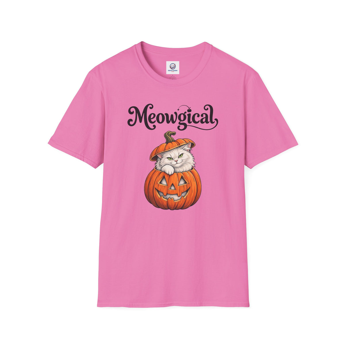 Meowgical Fluffy White Cat - Halloween Jack O'Lantern Pumpkin T-Shirt | White Cat Sitting Inside Pumpkin Halloween Tee | Casual Halloween T Shirt Gift For Her | Shipped UK