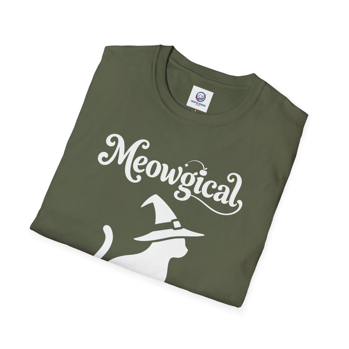 Meowgical Witch Cat T-Shirt | White Cat Silhouette Wearing A Witch's Hat | Ideal For Halloween or Any White Witches Out There Looking To Bring Some Magical Fun To Your Casual Wear | Shipped USA