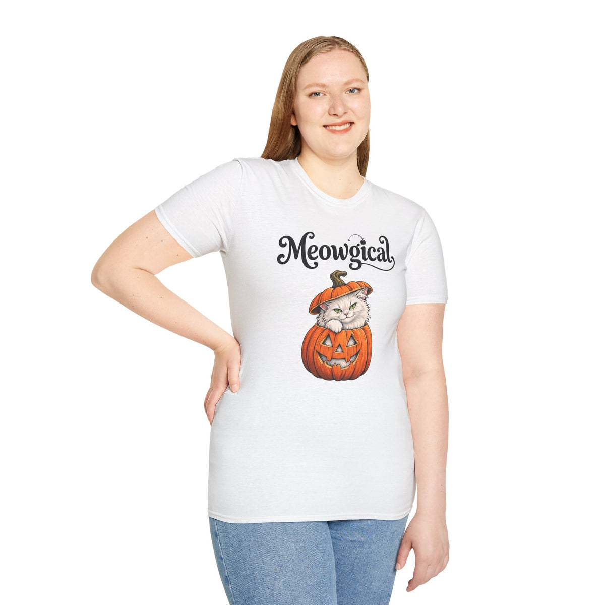 Meowgical Fluffy White Cat - Halloween Jack O'Lantern Pumpkin T-Shirt | White Cat Sitting Inside Pumpkin Halloween Tee | Casual Halloween T Shirt Gift For Her | Shipped USA