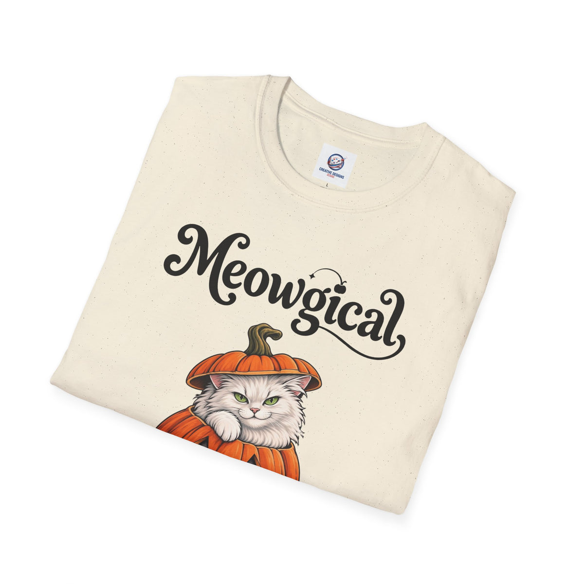 Meowgical Fluffy White Cat - Halloween Jack O'Lantern Pumpkin T-Shirt | White Cat Sitting Inside Pumpkin Halloween Tee | Casual Halloween T Shirt Gift For Her | Shipped UK