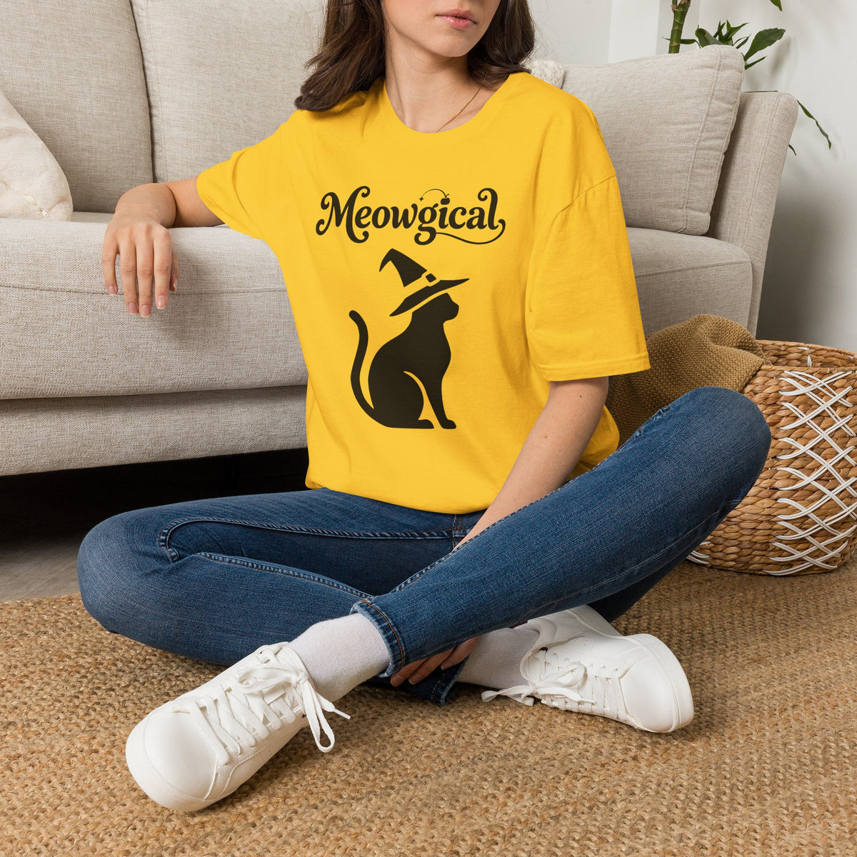 Meowgical Witch Cat T-Shirt | Black Cat Silhouette Wearing A Witch's Hat | Ideal For Halloween or Any White Witches Out There Looking To Bring Some Magical Fun To Your Casual Wear | Shipped USA