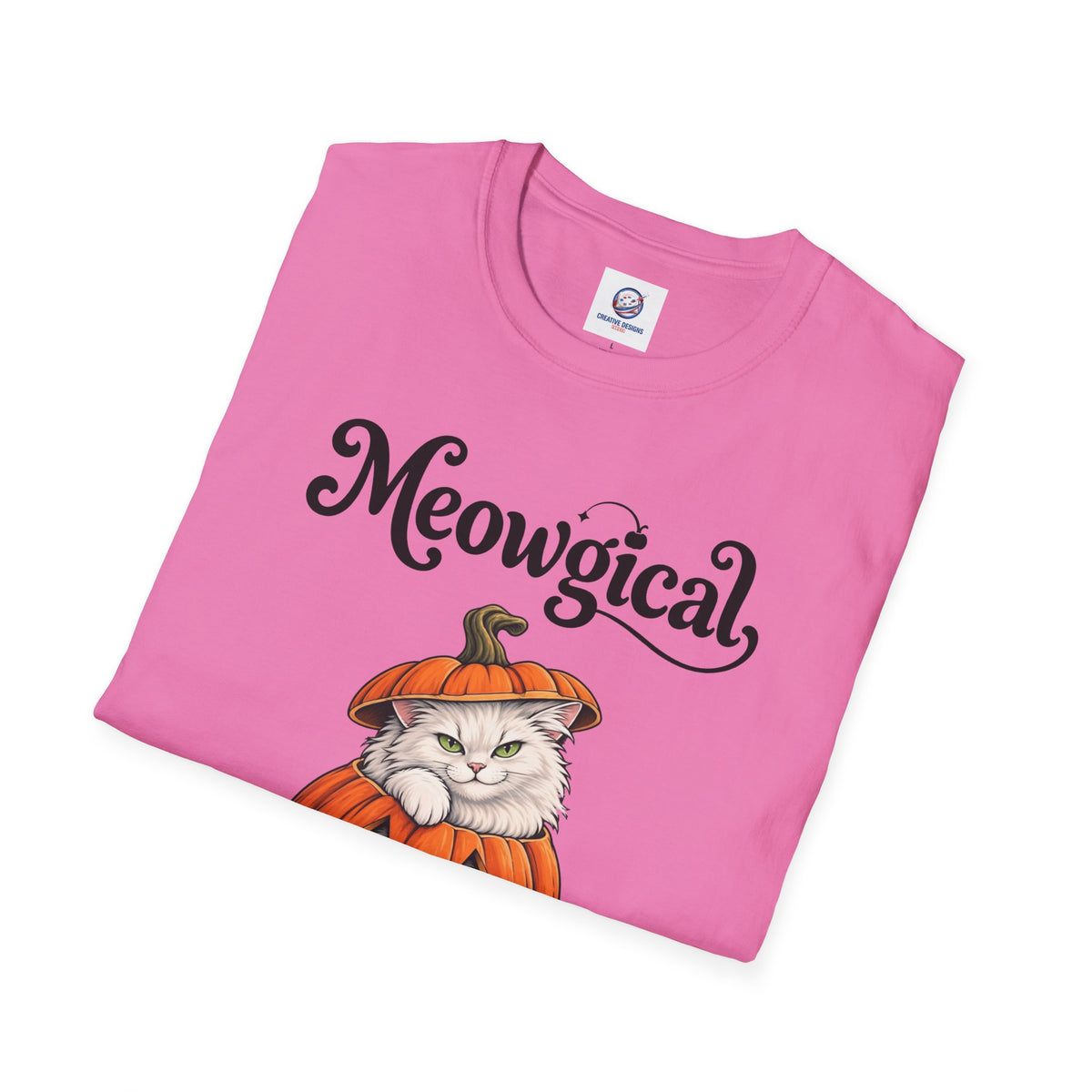 Meowgical Fluffy White Cat - Halloween Jack O'Lantern Pumpkin T-Shirt | White Cat Sitting Inside Pumpkin Halloween Tee | Casual Halloween T Shirt Gift For Her | Shipped UK