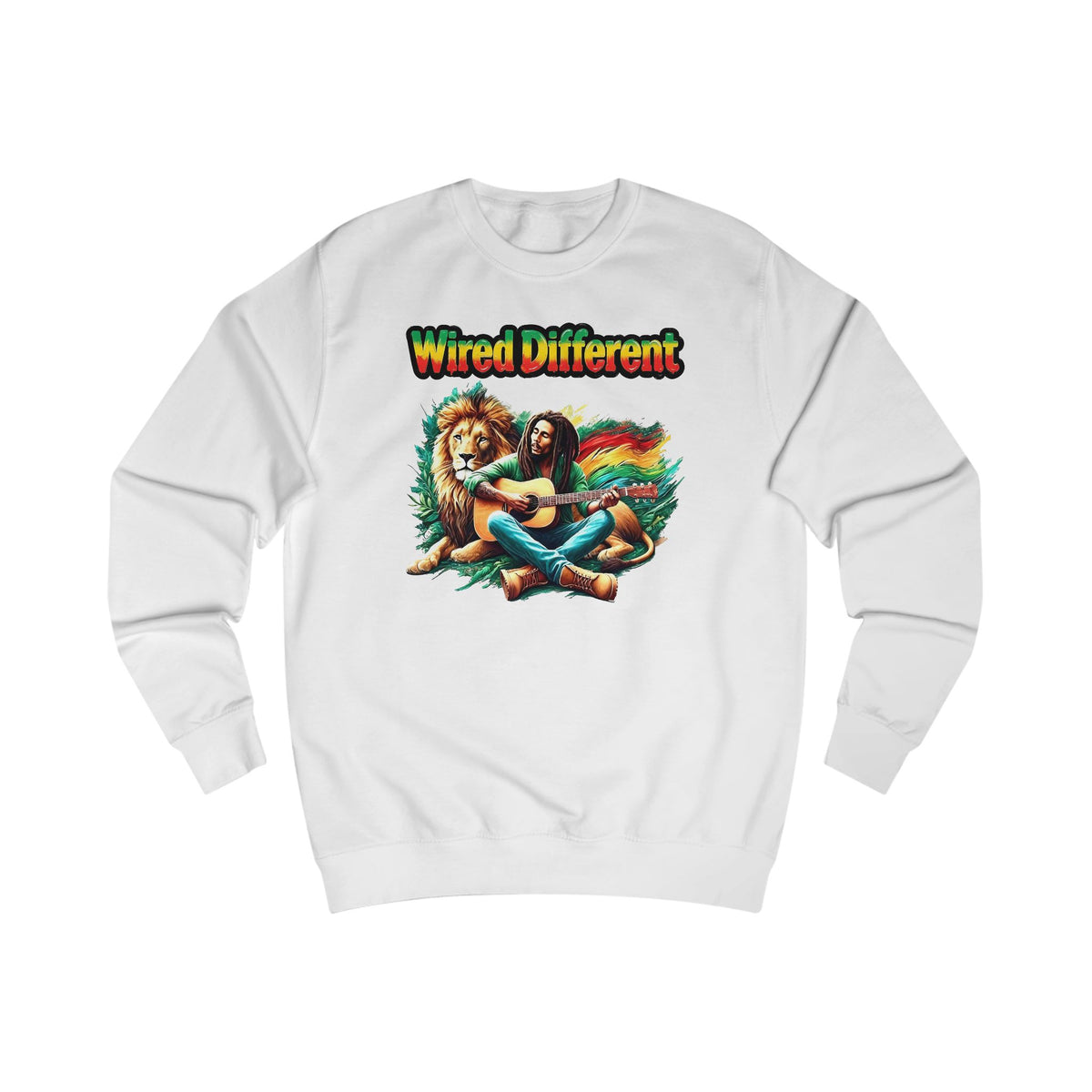 Rasta Bob, Reggae Lion Graphic Sweatshirt | Rastafarian Guitar Musician Jumper | Reggae Music Icon | Wired Different™ Slogan Top | Printed UK