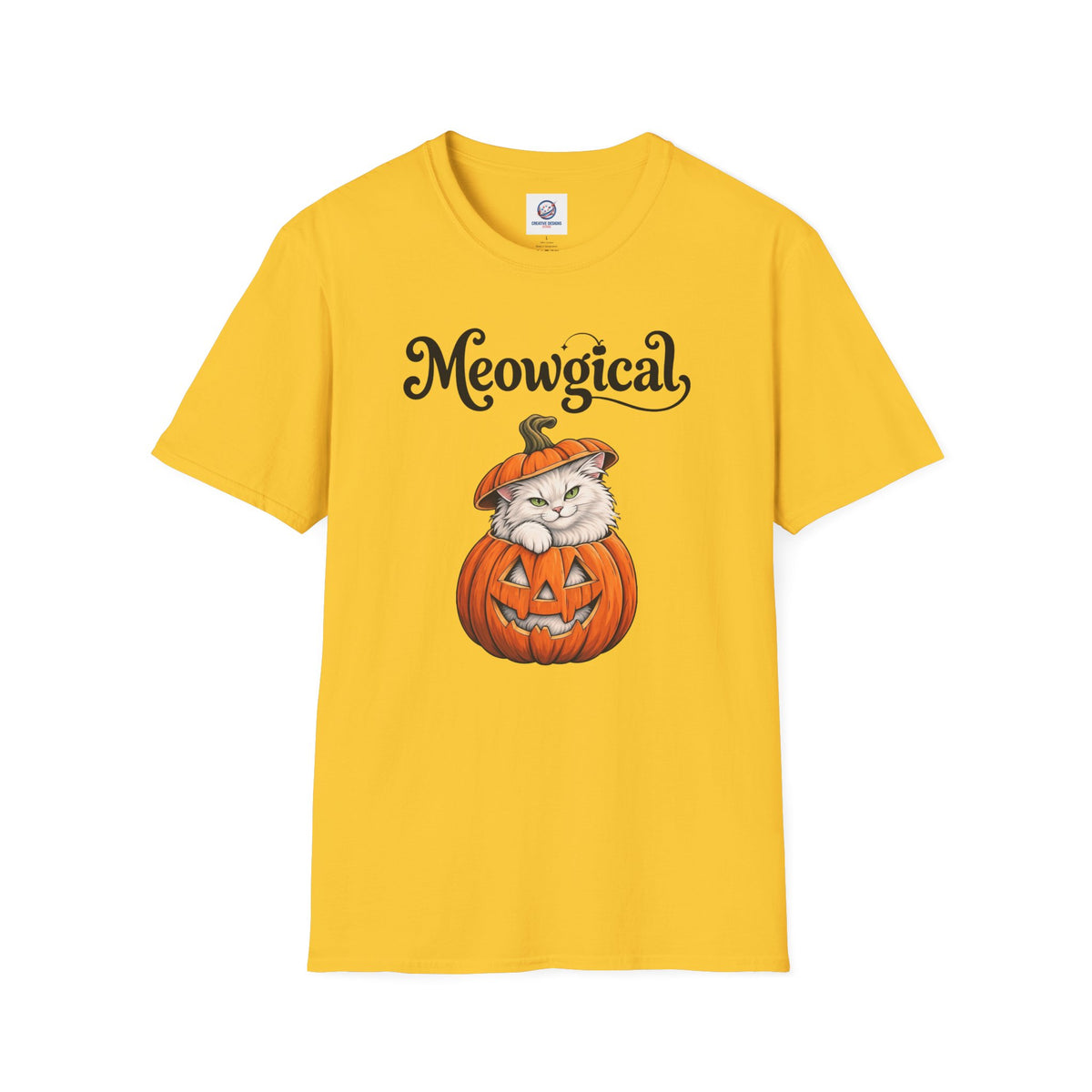 Meowgical Fluffy White Cat - Halloween Jack O'Lantern Pumpkin T-Shirt | White Cat Sitting Inside Pumpkin Halloween Tee | Casual Halloween T Shirt Gift For Her | Shipped USA
