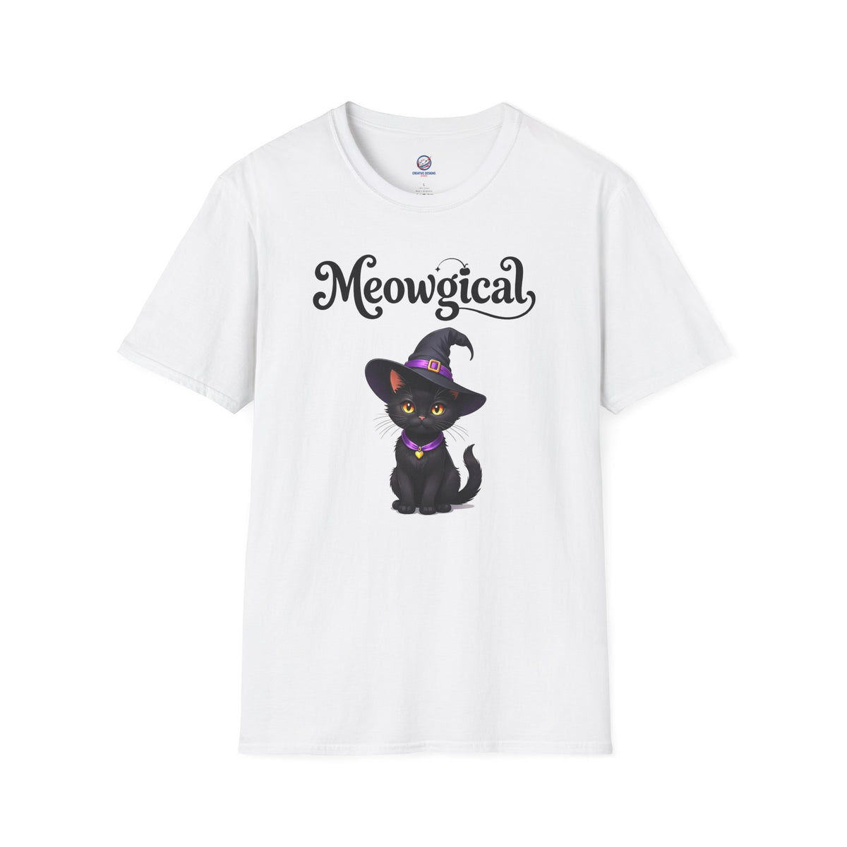 Meowgical Black Cat Wearing A Witch's Hat T-Shirt | Black Cat Portrait Tee | White Witch Cat Magical Cat T Shirt | For Halloween & Everyday Casual Fun | Shipped UK