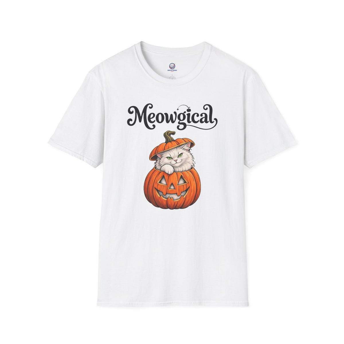 Meowgical Fluffy White Cat - Halloween Jack O'Lantern Pumpkin T-Shirt | White Cat Sitting Inside Pumpkin Halloween Tee | Casual Halloween T Shirt Gift For Her | Shipped UK