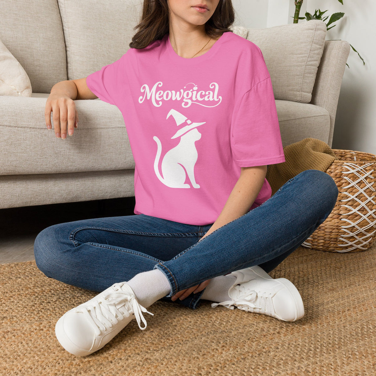 Meowgical Witch Cat T-Shirt | White Cat Silhouette Wearing A Witch's Hat | Ideal For Halloween or Any White Witches Out There Looking To Bring Some Magical Fun To Your Casual Wear | Shipped UK