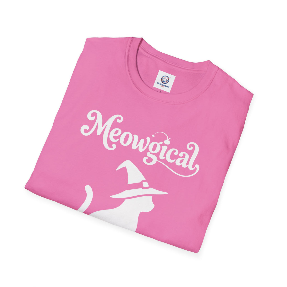 Meowgical Witch Cat T-Shirt | White Cat Silhouette Wearing A Witch's Hat | Ideal For Halloween or Any White Witches Out There Looking To Bring Some Magical Fun To Your Casual Wear | Shipped UK