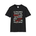 Devil On My Shoulder - Horror Graphic T-Shirt — “Sometimes Even the Devil on My Shoulder Asks ‘What the F**k Are You Doing’” | Rated 18 Years & Over -  Shipped UK
