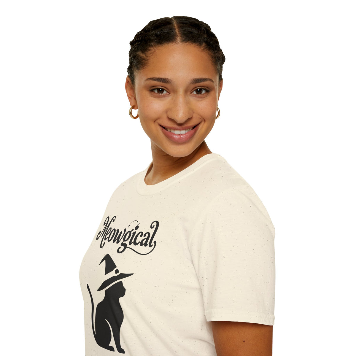 Meowgical Witch Cat T-Shirt | Black Cat Silhouette Wearing A Witch's Hat | Ideal For Halloween or Any White Witches Out There Looking To Bring Some Magical Fun To Your Casual Wear | Shipped USA