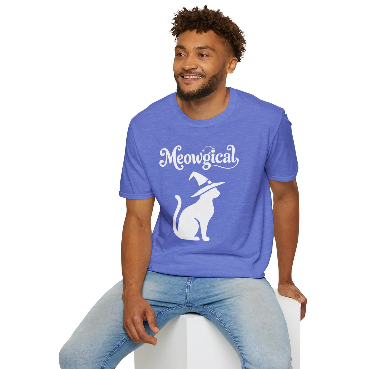 Meowgical Witch Cat T-Shirt | White Cat Silhouette Wearing A Witch's Hat | Ideal For Halloween or Any White Witches Out There Looking To Bring Some Magical Fun To Your Casual Wear | Shipped USA