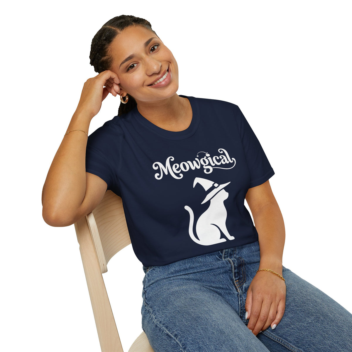Meowgical Witch Cat T-Shirt | White Cat Silhouette Wearing A Witch's Hat | Ideal For Halloween or Any White Witches Out There Looking To Bring Some Magical Fun To Your Casual Wear | Shipped USA
