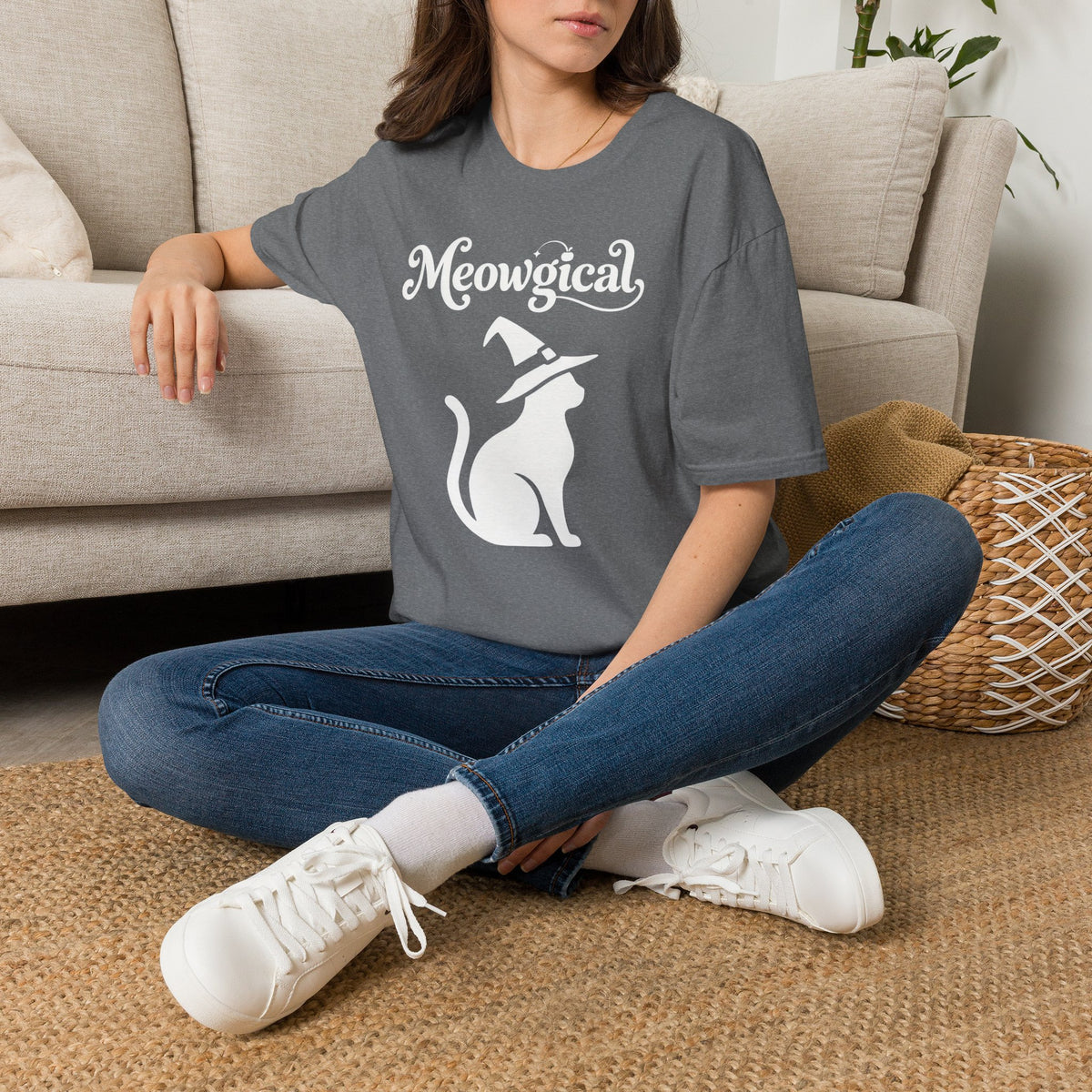 Meowgical Witch Cat T-Shirt | White Cat Silhouette Wearing A Witch's Hat | Ideal For Halloween or Any White Witches Out There Looking To Bring Some Magical Fun To Your Casual Wear | Shipped UK