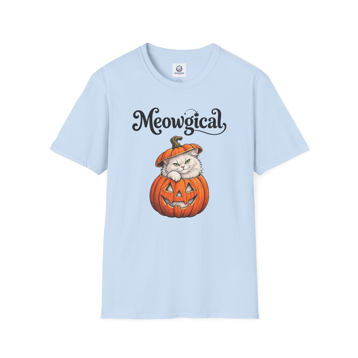 Meowgical Fluffy White Cat - Halloween Jack O'Lantern Pumpkin T-Shirt | White Cat Sitting Inside Pumpkin Halloween Tee | Casual Halloween T Shirt Gift For Her | Shipped UK