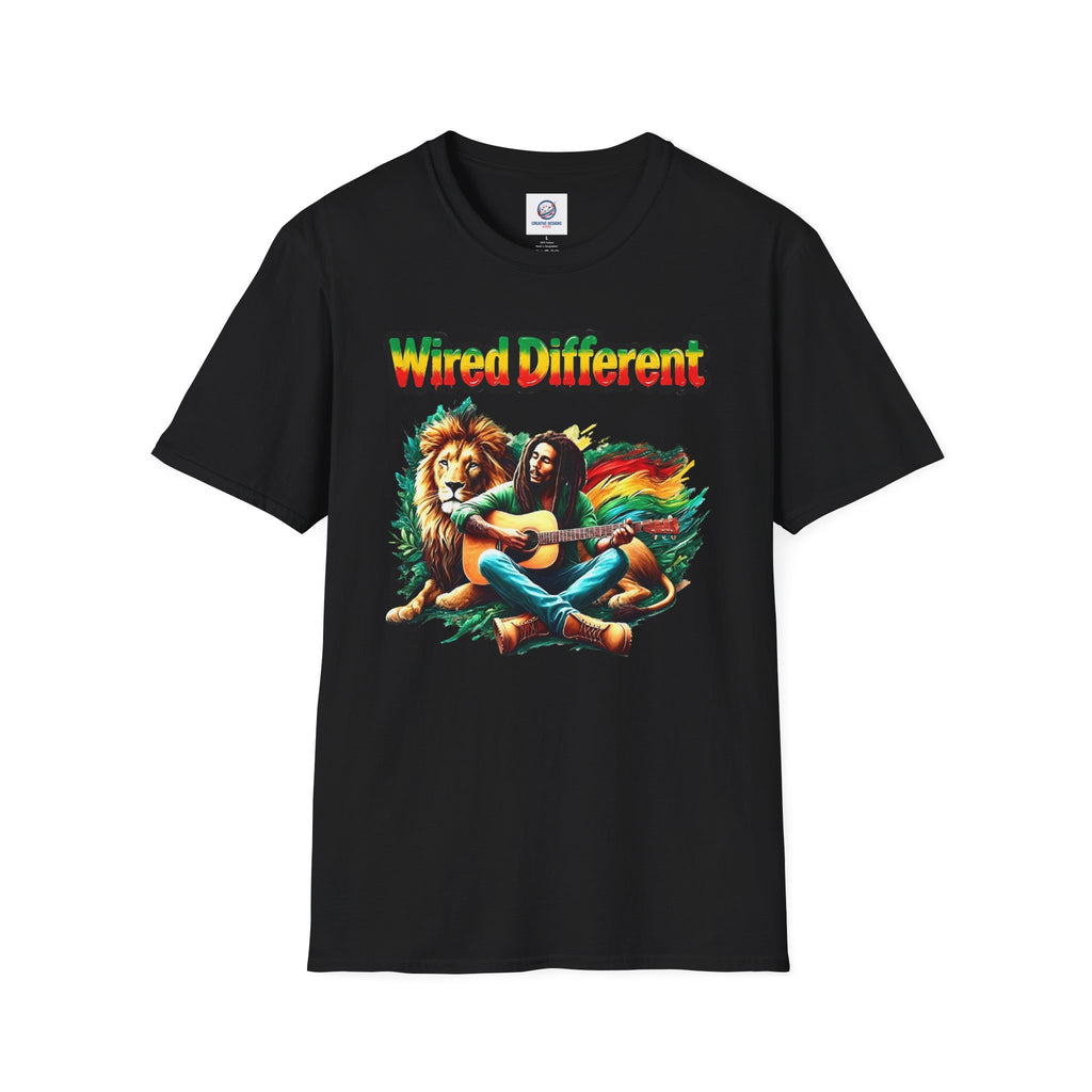 Rasta Bob, Reggae Lion Graphic T-Shirt | Rastafarian Guitar Musician Tee | Reggae Music Icon | Wired Different™ Slogan Shirt | Printed UK