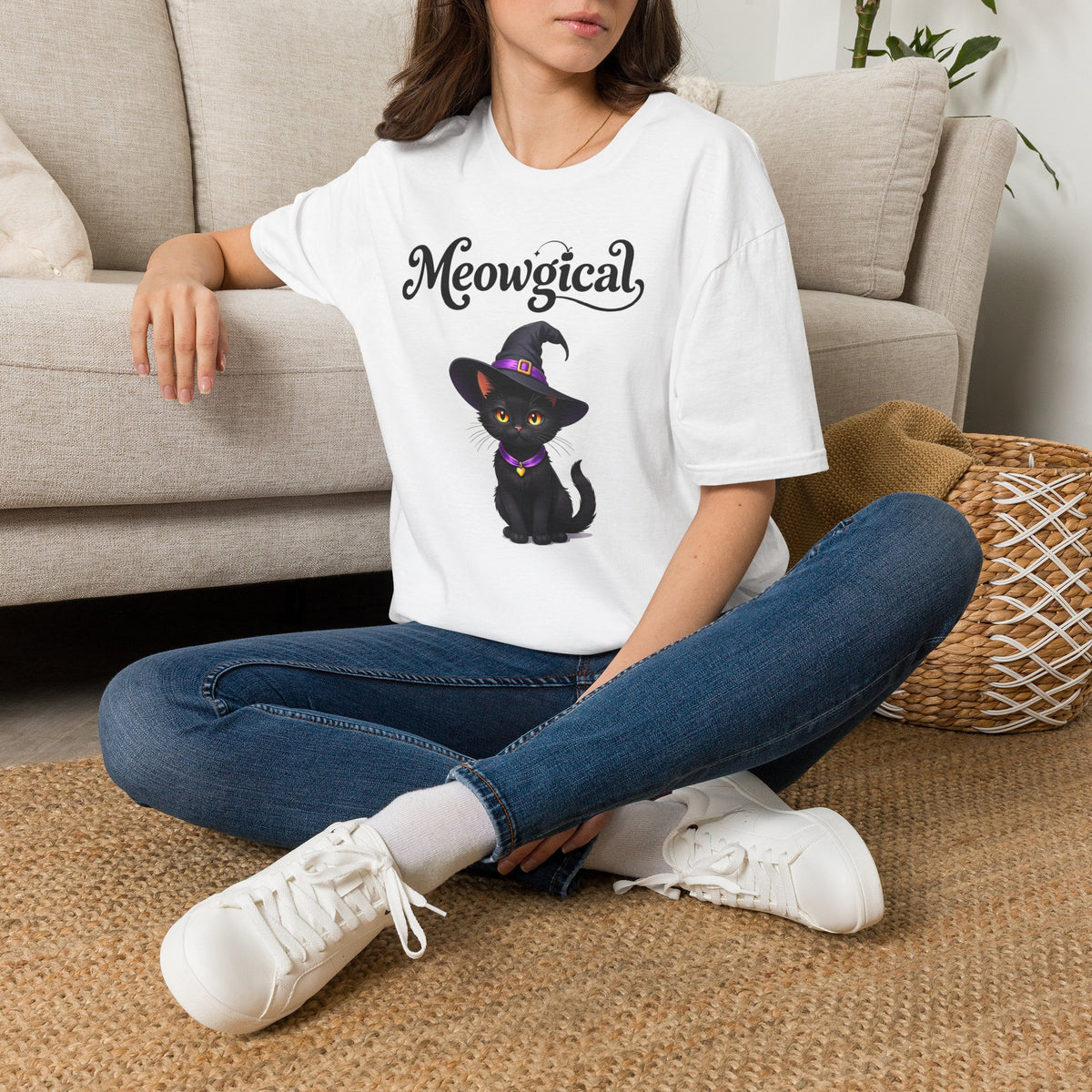 Meowgical Black Cat Wearing A Witch's Hat T-Shirt | Black Cat Portrait Tee | White Witch Cat Magical Cat T Shirt | For Halloween & Everyday Casual Fun | Shipped UK