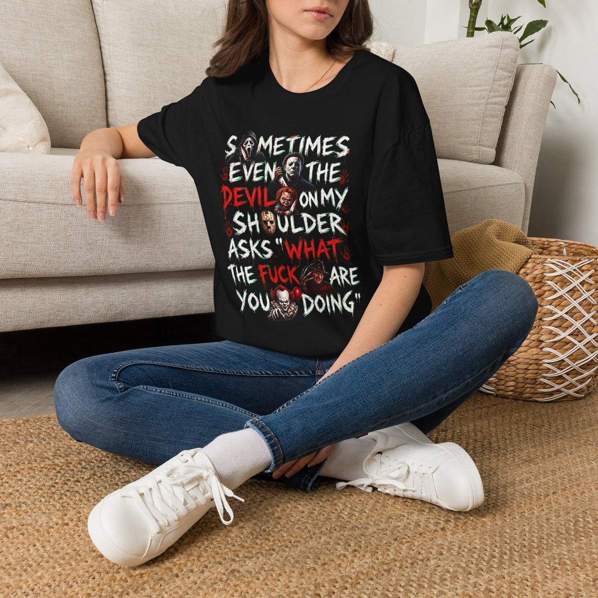 Devil On My Shoulder - Horror Graphic T-Shirt — “Sometimes Even the Devil on My Shoulder Asks ‘What the F**k Are You Doing’” | Rated 18 Years & Over -  Shipped UK