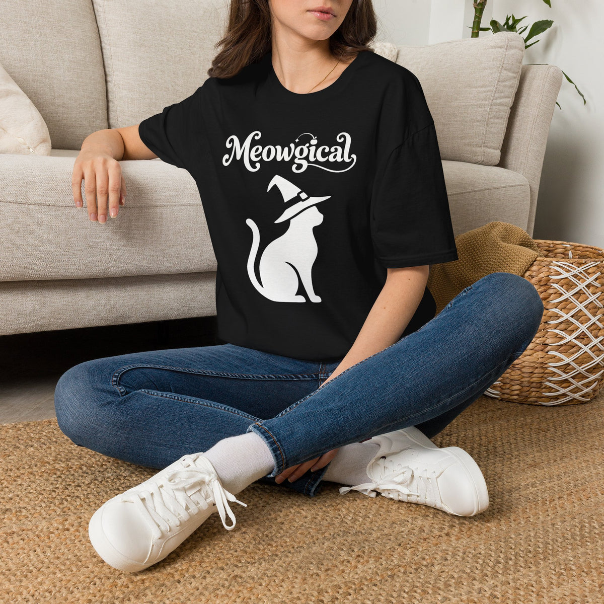 Meowgical Witch Cat T-Shirt | White Cat Silhouette Wearing A Witch's Hat | Ideal For Halloween or Any White Witches Out There Looking To Bring Some Magical Fun To Your Casual Wear | Shipped USA