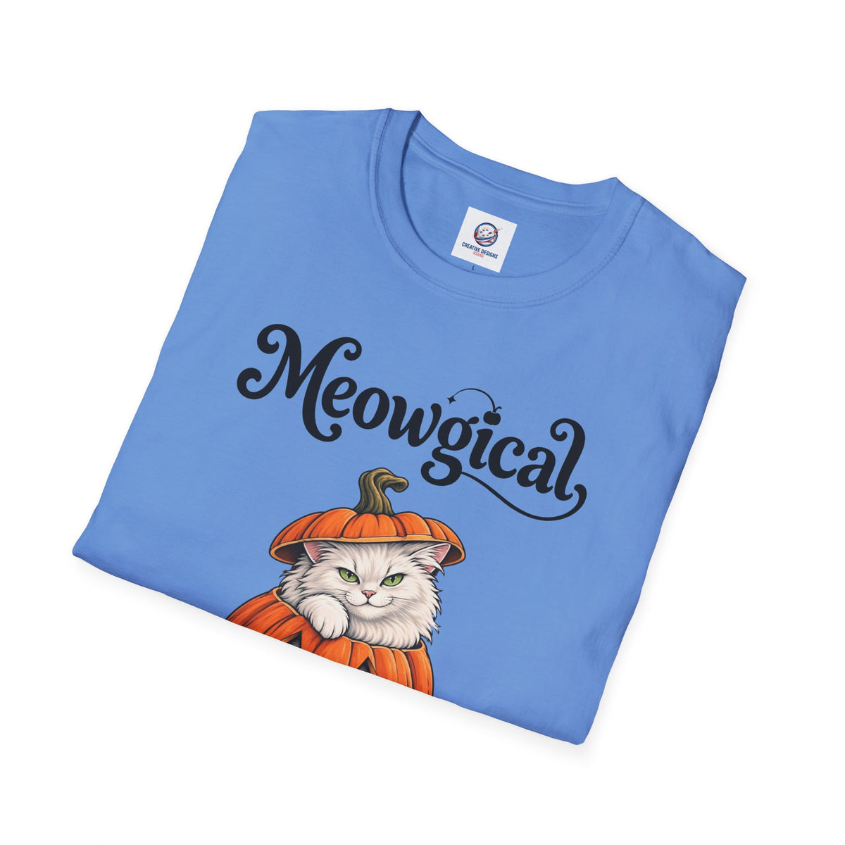 Meowgical Fluffy White Cat - Halloween Jack O'Lantern Pumpkin T-Shirt | White Cat Sitting Inside Pumpkin Halloween Tee | Casual Halloween T Shirt Gift For Her | Shipped UK