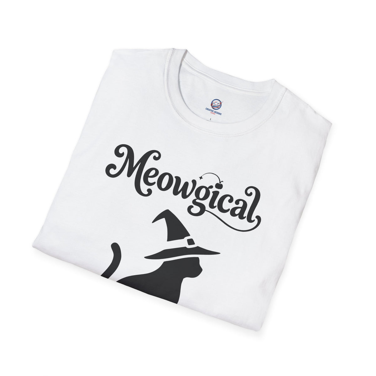 Meowgical Witch Cat T-Shirt | Black Cat Silhouette Wearing A Witch's Hat | Ideal For Halloween or Any White Witches Out There Looking To Bring Some Magical Fun To Your Casual Wear | Shipped USA