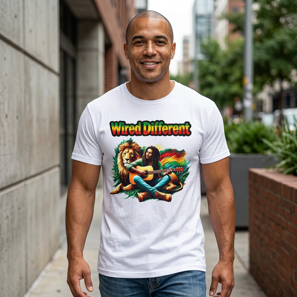 Rasta Bob, Reggae Lion Graphic T-Shirt | Rastafarian Guitar Musician Tee | Reggae Music Icon | Wired Different™ Slogan Shirt | Printed UK