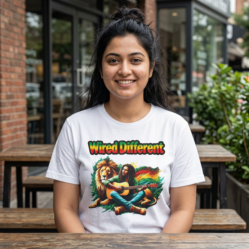 Rasta Bob, Reggae Lion Graphic T-Shirt | Rastafarian Guitar Musician Tee | Reggae Music Icon | Wired Different™ Slogan Shirt | Printed UK