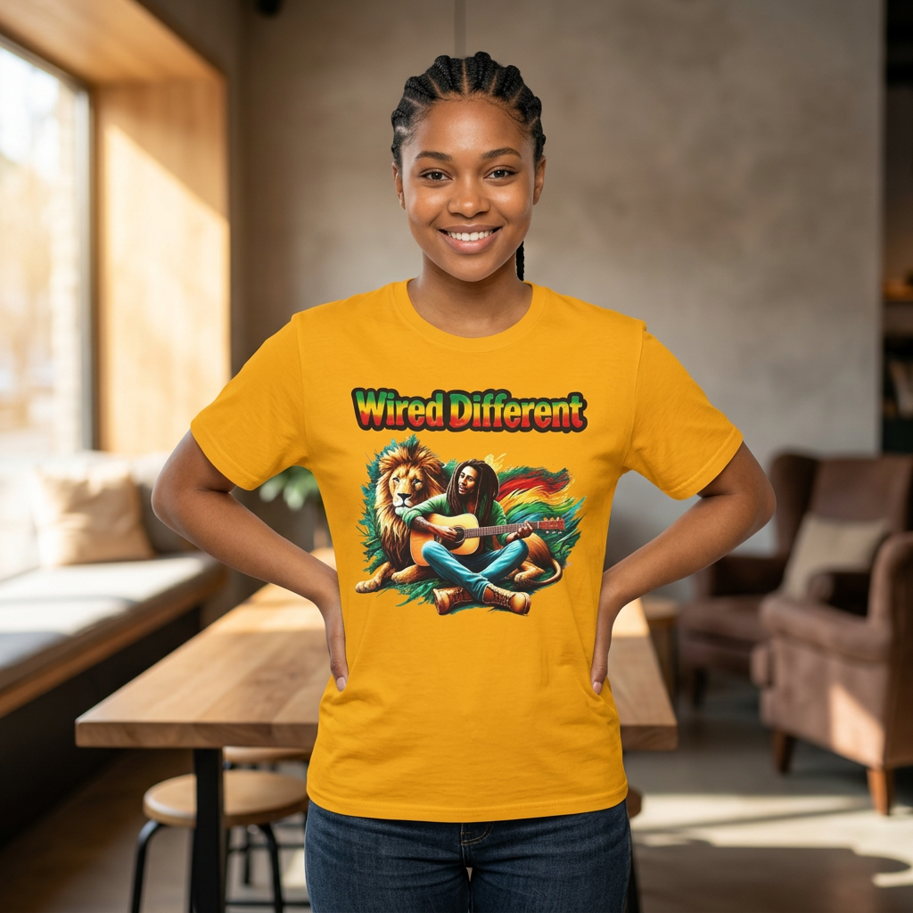 Rasta Bob, Reggae Lion Graphic T-Shirt | Rastafarian Guitar Musician Tee | Reggae Music Icon | Wired Different™ Slogan Shirt | Printed UK