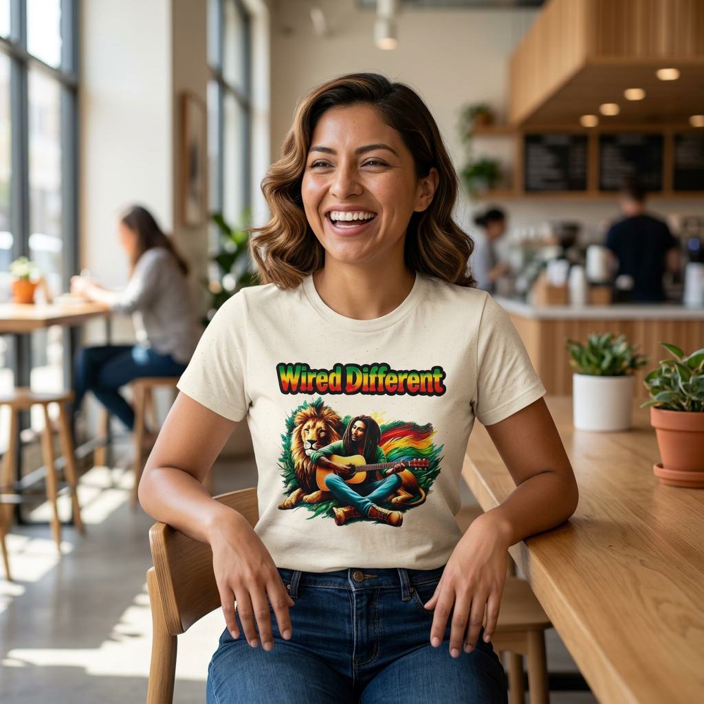 Rasta Bob, Reggae Lion Graphic T-Shirt | Rastafarian Guitar Musician Tee | Reggae Music Icon | Wired Different™ Slogan Shirt | Printed UK