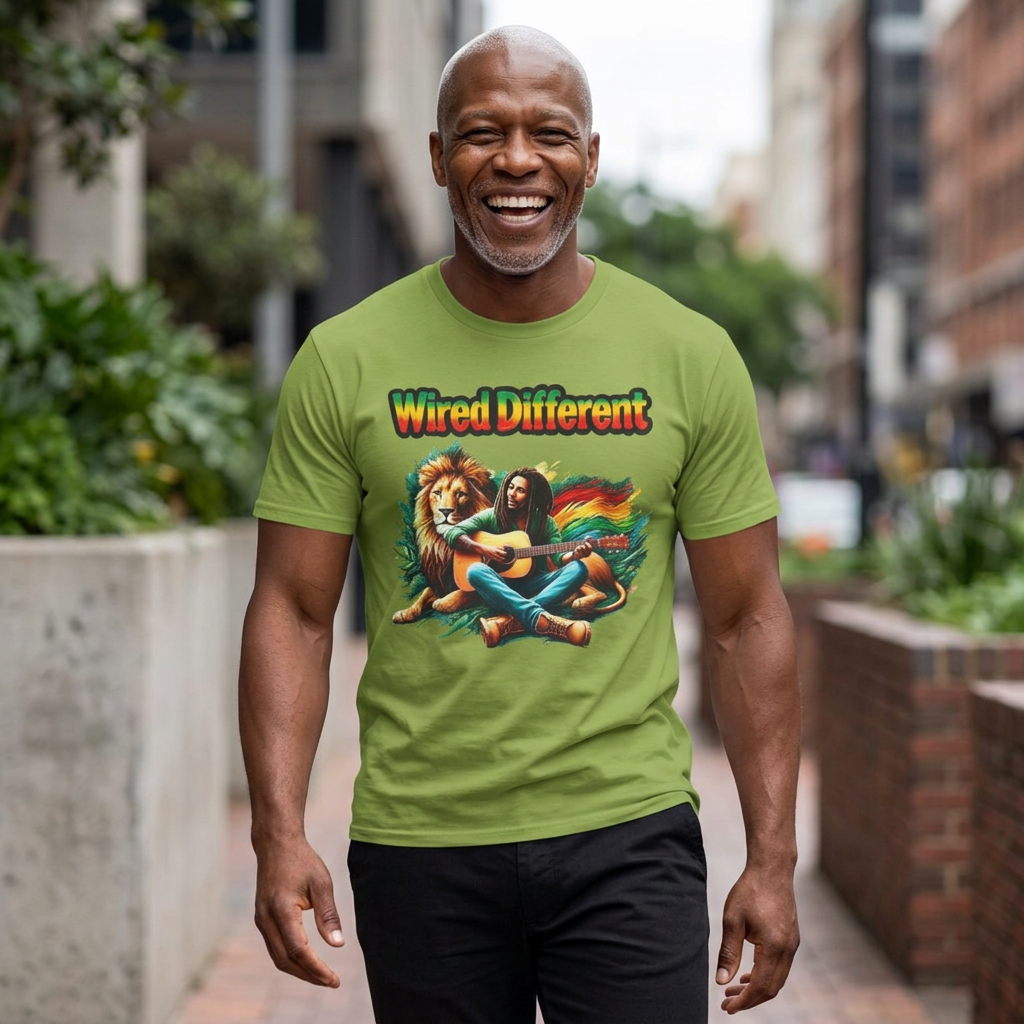 Rasta Bob, Reggae Lion Graphic T-Shirt | Rastafarian Guitar Musician Tee | Reggae Music Icon | Wired Different™ Slogan Shirt | Printed UK
