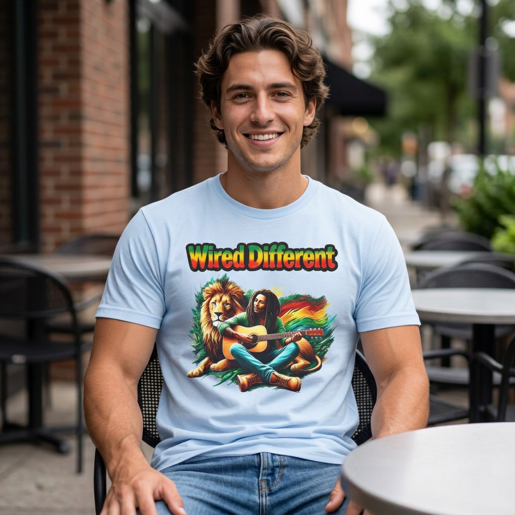 Rasta Bob, Reggae Lion Graphic T-Shirt | Rastafarian Guitar Musician Tee | Reggae Music Icon | Wired Different™ Slogan Shirt | Printed UK