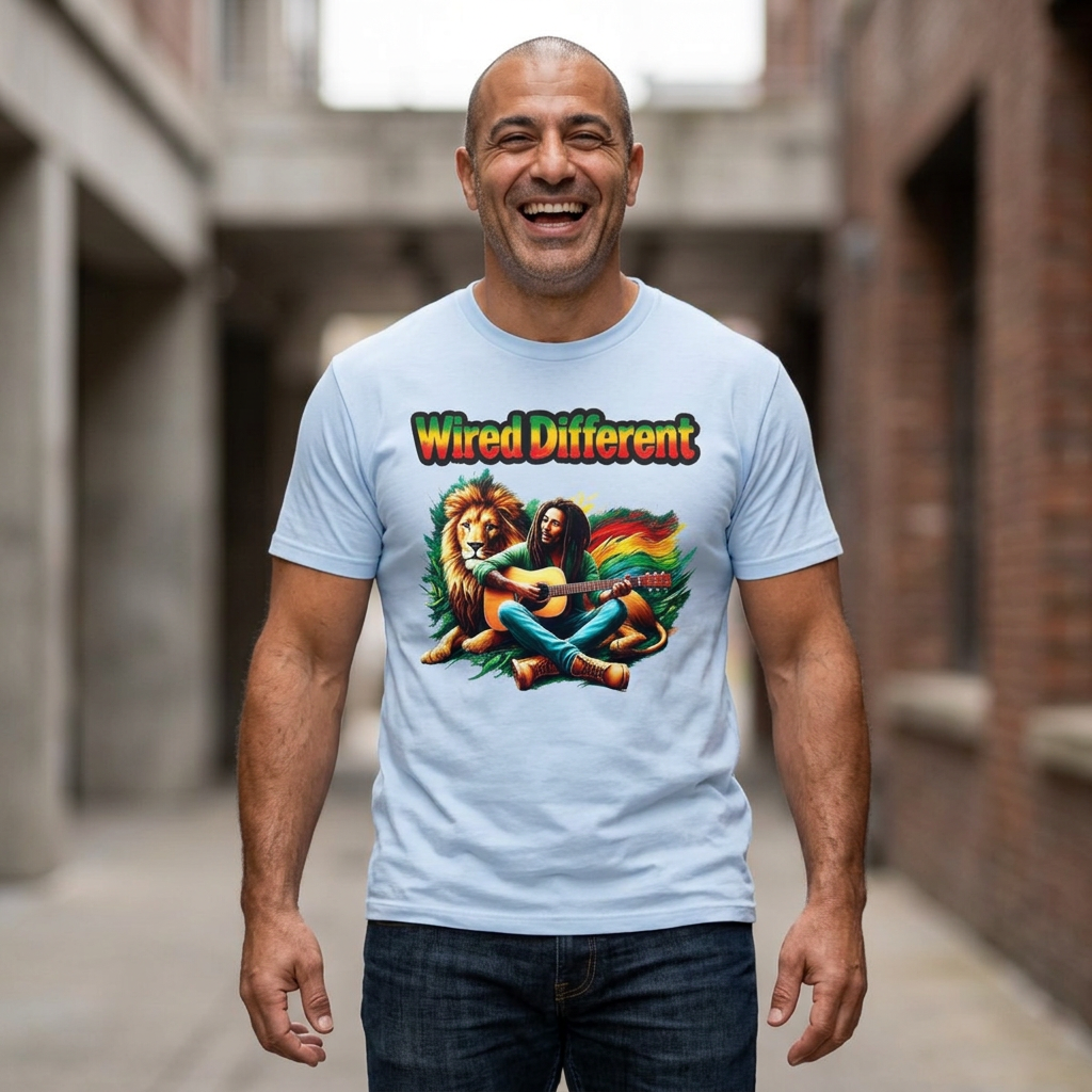 Rasta Bob, Reggae Lion Graphic T-Shirt | Rastafarian Guitar Musician Tee | Reggae Music Icon | Wired Different™ Slogan Shirt | Printed UK