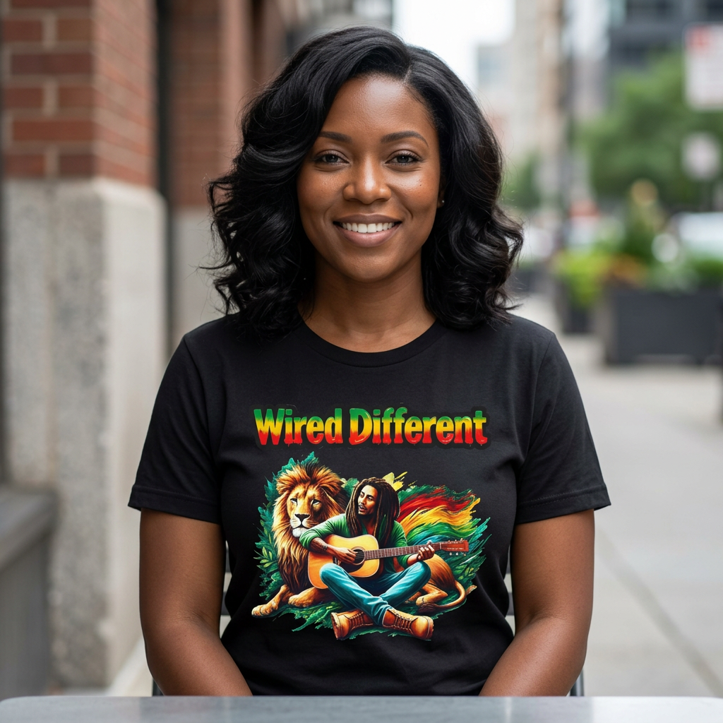 Rasta Bob, Reggae Lion Graphic T-Shirt | Rastafarian Guitar Musician Tee | Reggae Music Icon | Wired Different™ Slogan Shirt | Printed UK