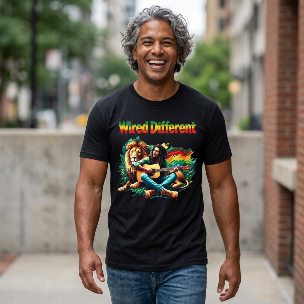 Rasta Bob, Reggae Lion Graphic T-Shirt | Rastafarian Guitar Musician Tee | Reggae Music Icon | Wired Different™ Slogan Shirt | Printed UK