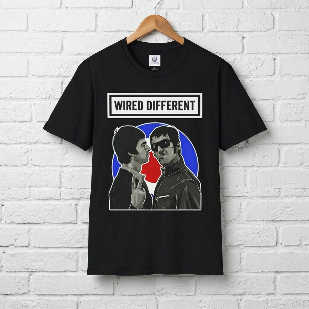 The Gallagher Brothers T-Shirt | Retro British Rock Band / Britpop Portrait Tee | Indie / MOD Inspired | Wired Different™ Slogan T-Shirt - Black | Shipped UK