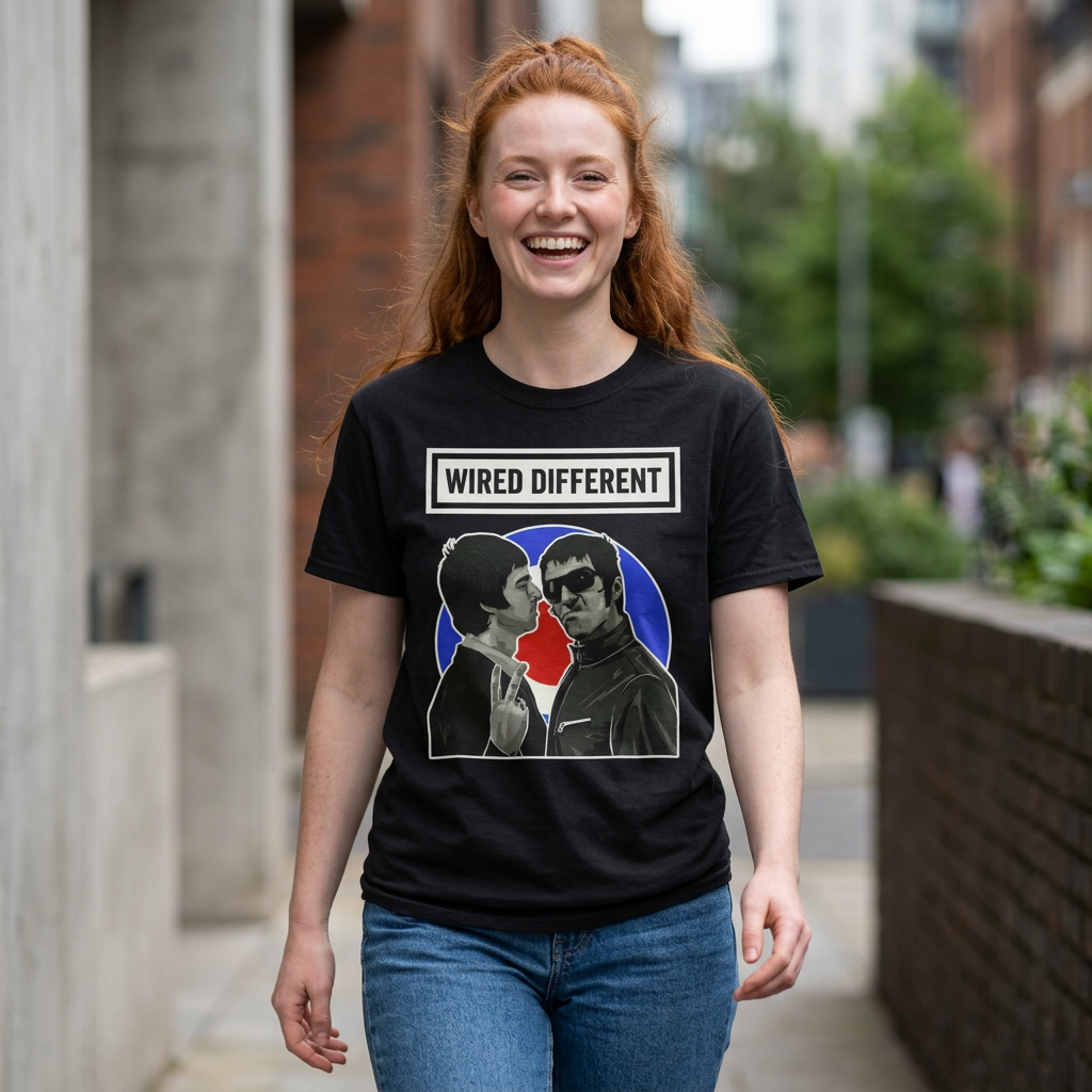 The Gallagher Brothers T-Shirt | Retro British Rock Band / Britpop Portrait Tee | Indie / MOD Inspired | Wired Different™ Slogan T-Shirt - Black | Shipped UK