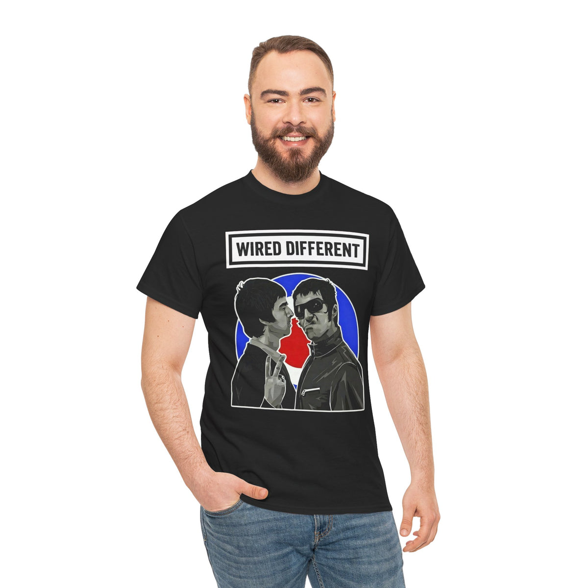 The Gallagher Brothers T-Shirt | Retro British Rock Band / Britpop Portrait Tee | Indie / MOD Inspired | Wired Different™ Slogan T-Shirt - Black | Shipped UK