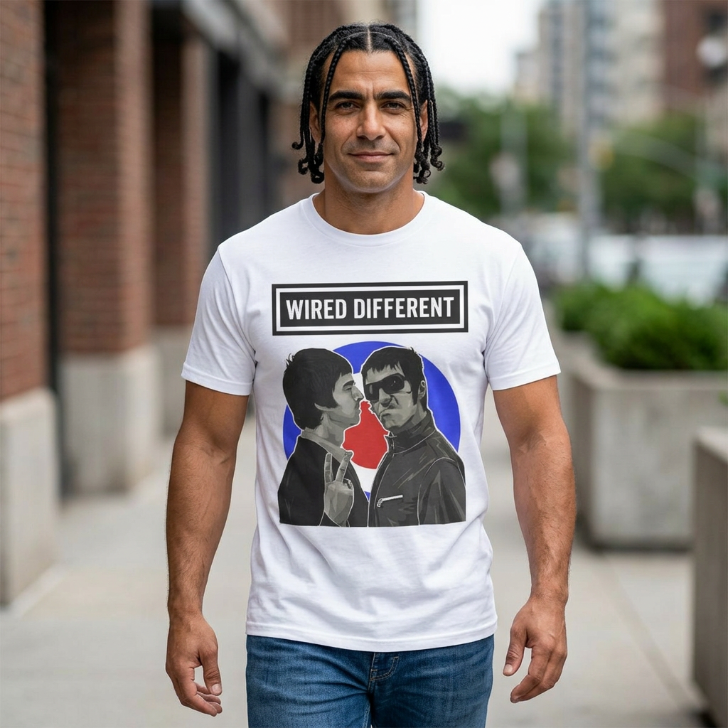 The Gallagher Brothers | Retro Rock Band / Britpop Portrait | Wired Different™ Slogan T-Shirt - White | Shipped UK