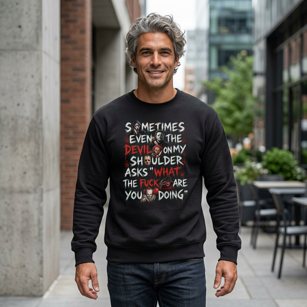Devil On My Shoulder - Horror Graphic Sweatshirt — “Sometimes Even the Devil on My Shoulder Asks ‘What the F**k Are You Doing’” | Rated 18 Years & Over -  Shipped UK