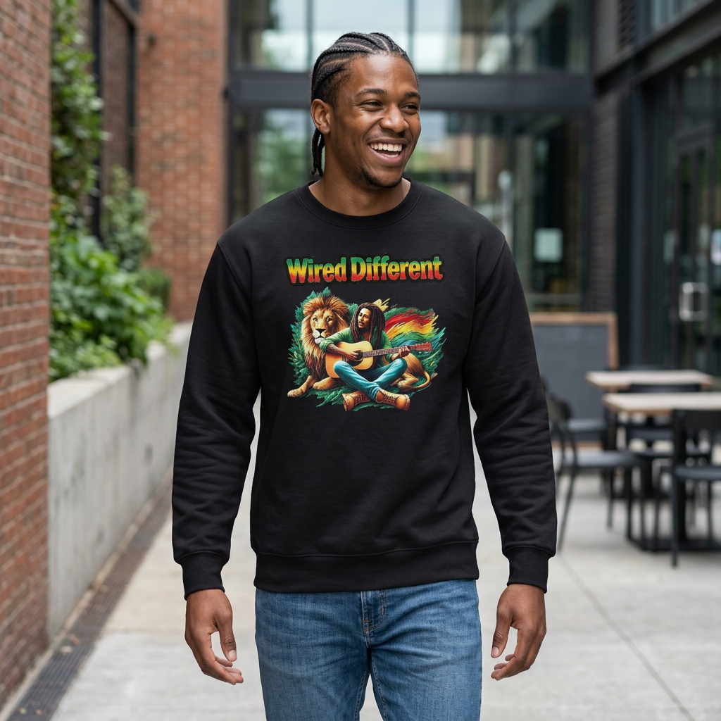 Rasta Bob, Reggae Lion Graphic Sweatshirt | Rastafarian Guitar Musician Jumper | Reggae Music Icon | Wired Different™ Slogan Top | Printed UK
