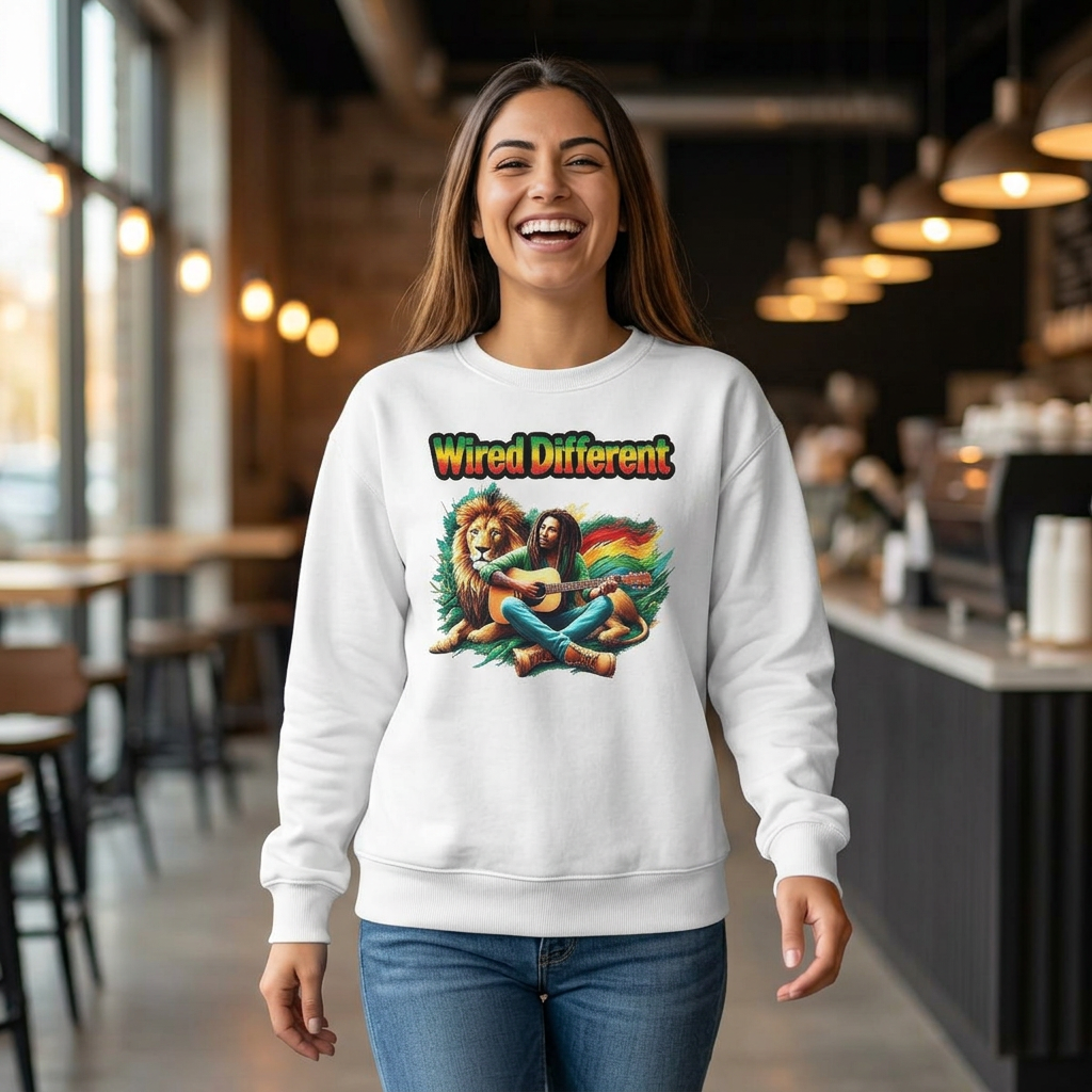 Rasta Bob, Reggae Lion Graphic Sweatshirt | Rastafarian Guitar Musician Jumper | Reggae Music Icon | Wired Different™ Slogan Top | Printed UK