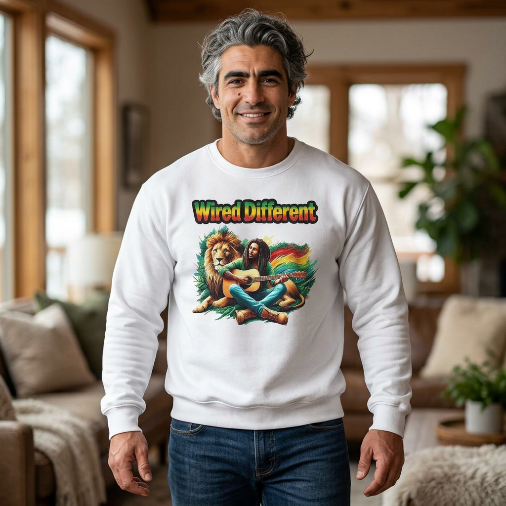 Rasta Bob, Reggae Lion Graphic Sweatshirt | Rastafarian Guitar Musician Jumper | Reggae Music Icon | Wired Different™ Slogan Top | Printed UK
