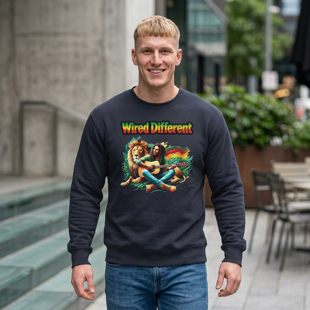 Rasta Bob, Reggae Lion Graphic Sweatshirt | Rastafarian Guitar Musician Jumper | Reggae Music Icon | Wired Different™ Slogan Top | Printed UK