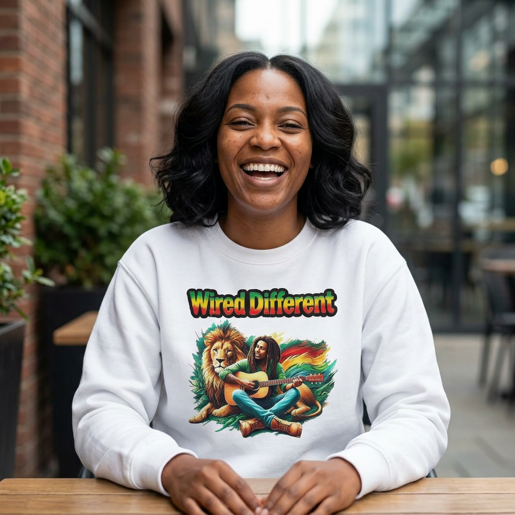 Rasta Bob, Reggae Lion Graphic Sweatshirt | Rastafarian Guitar Musician Jumper | Reggae Music Icon | Wired Different™ Slogan Top | Printed UK