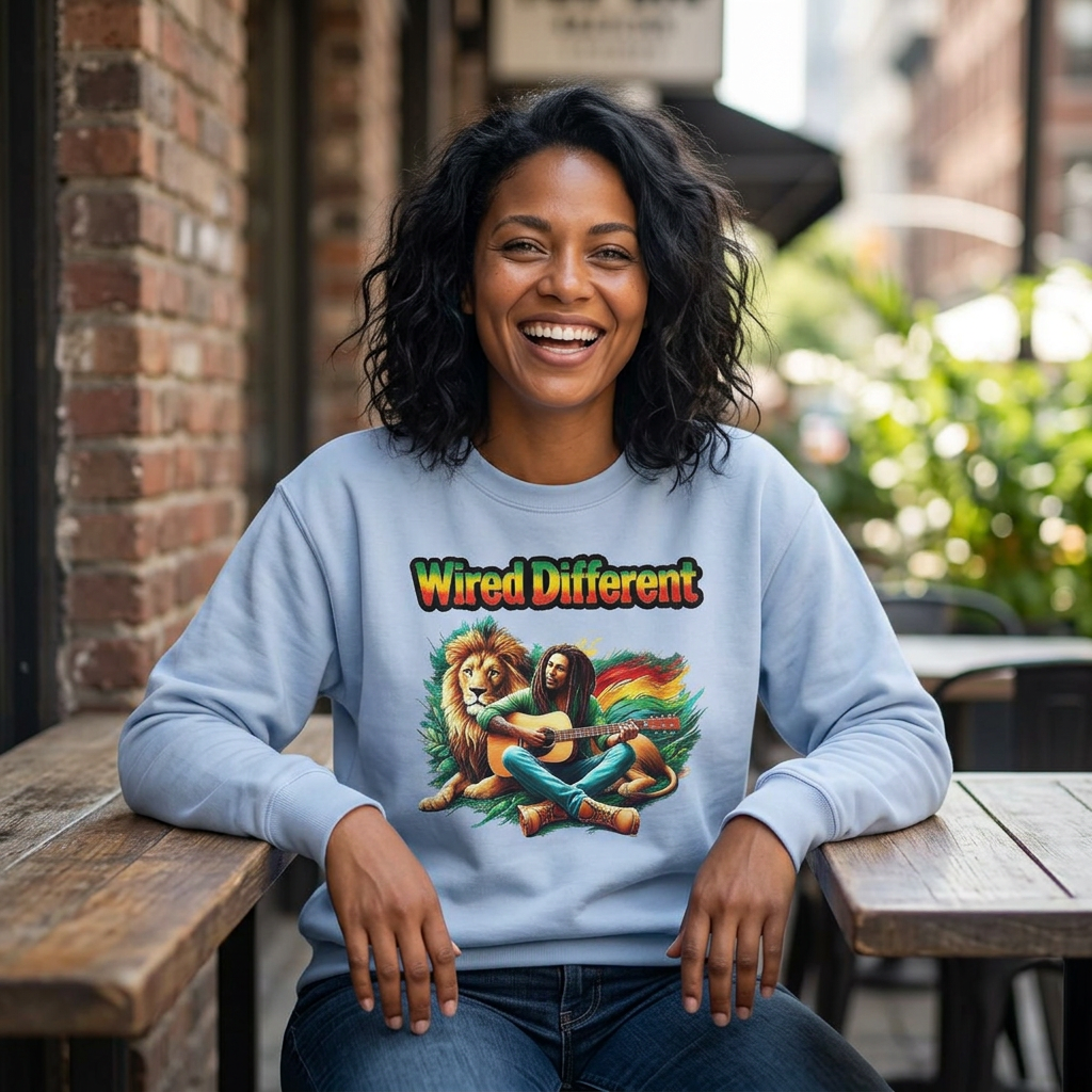 Rasta Bob, Reggae Lion Graphic Sweatshirt | Rastafarian Guitar Musician Jumper | Reggae Music Icon | Wired Different™ Slogan Top | Printed UK