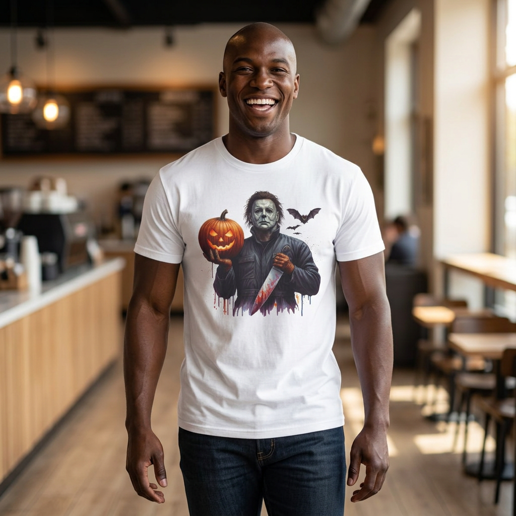 Michael Myers Halloween Pumpkin T-Shirt | Iconic Slasher Tee | Pumpkin "Jack O' Lantern" & Knife Horror T Shirt | Horror Movie Inspired Apparel | Shipped UK