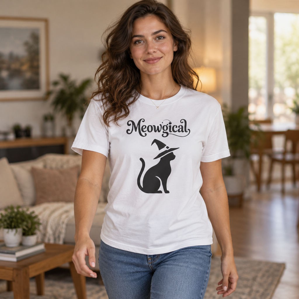 Meowgical Witch Cat T-Shirt | Black Cat Silhouette Wearing A Witch's Hat | Ideal For Halloween or Any White Witches Out There Looking To Bring Some Magical Fun To Your Casual Wear | Shipped UK