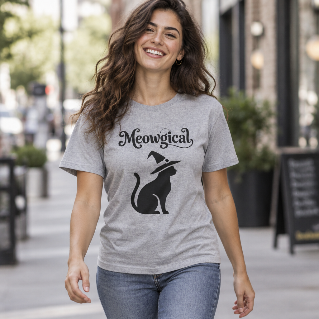 Meowgical Witch Cat T-Shirt | Black Cat Silhouette Wearing A Witch's Hat | Ideal For Halloween or Any White Witches Out There Looking To Bring Some Magical Fun To Your Casual Wear | Shipped UK