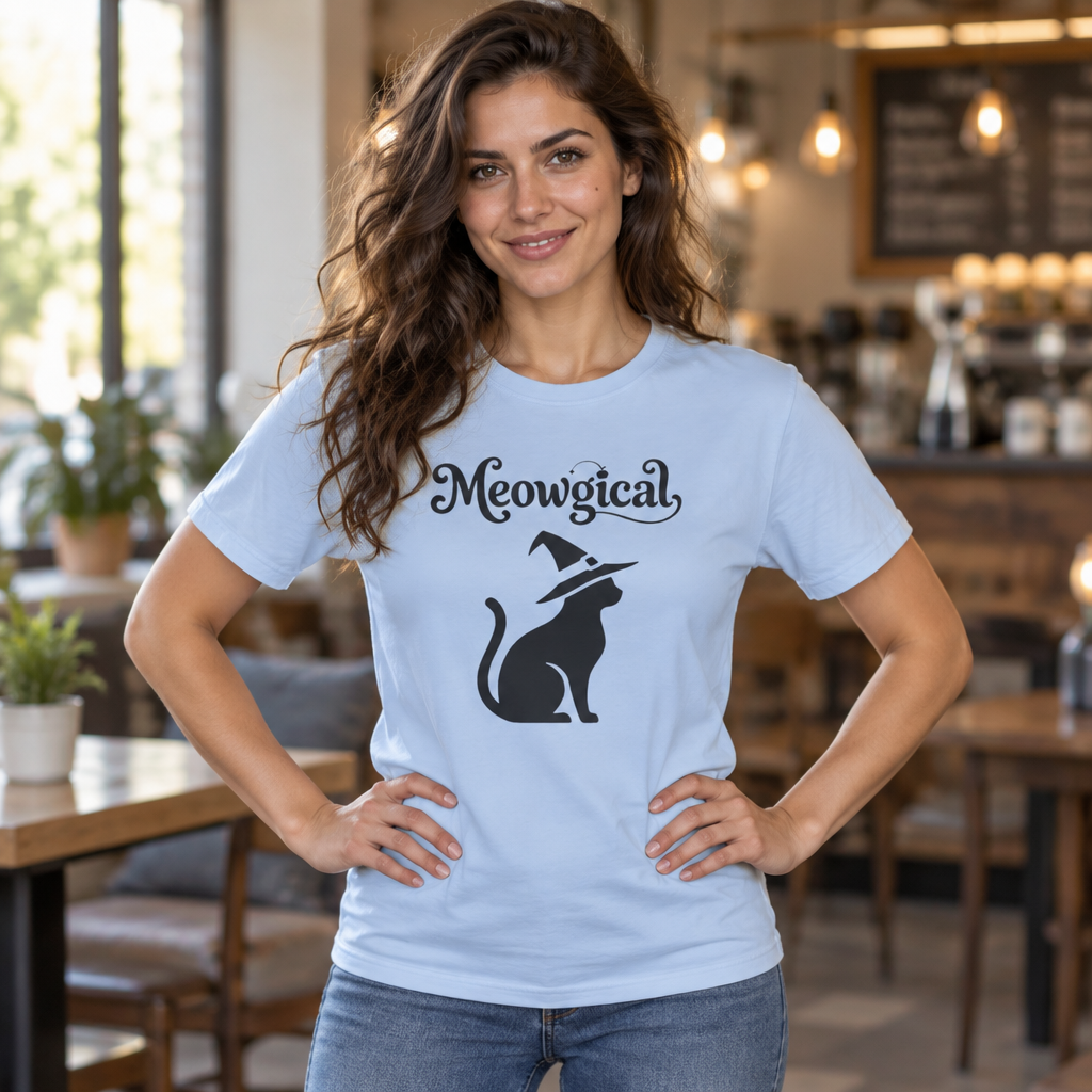 Meowgical Witch Cat T-Shirt | Black Cat Silhouette Wearing A Witch's Hat | Ideal For Halloween or Any White Witches Out There Looking To Bring Some Magical Fun To Your Casual Wear | Shipped UK