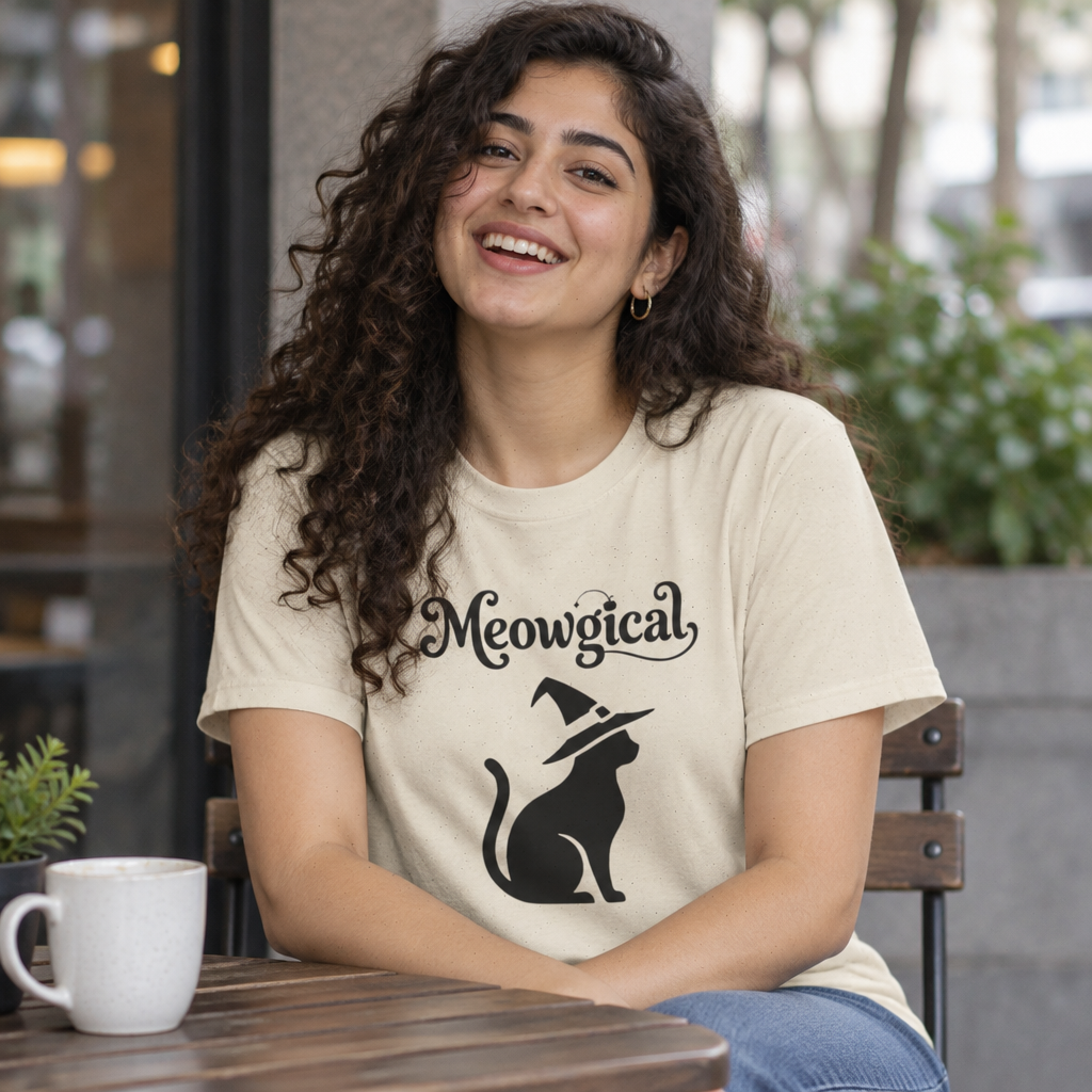Meowgical Witch Cat T-Shirt | Black Cat Silhouette Wearing A Witch's Hat | Ideal For Halloween or Any White Witches Out There Looking To Bring Some Magical Fun To Your Casual Wear | Shipped UK